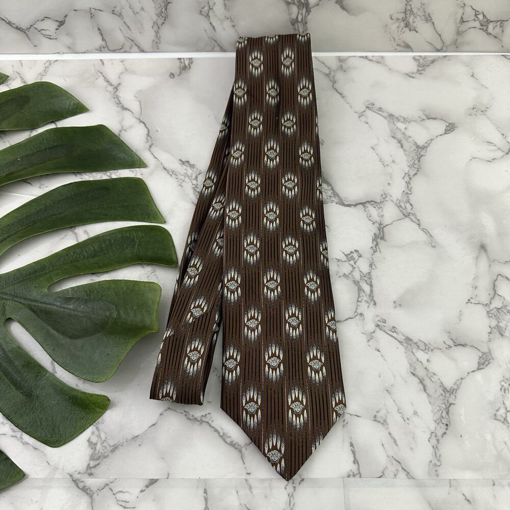 Vintage Versace 90s Medusa Silk Neck Tie Brown Silver Jacquard Geometric